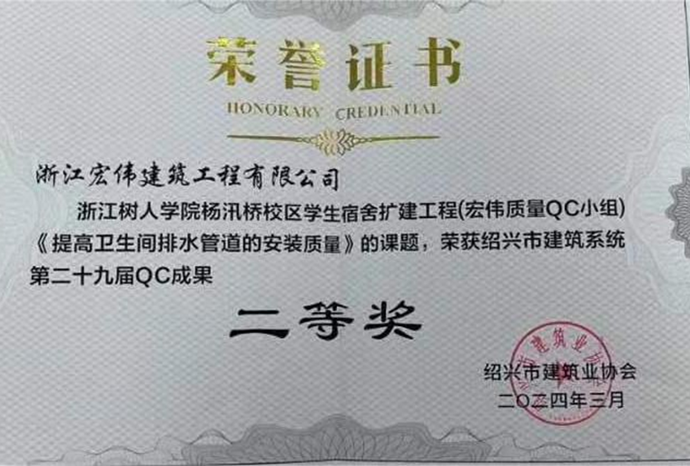 樹人學院學生宿舍工程QC小組獲紹興市QC成果二等獎-浙江宏偉建筑工程有限公司